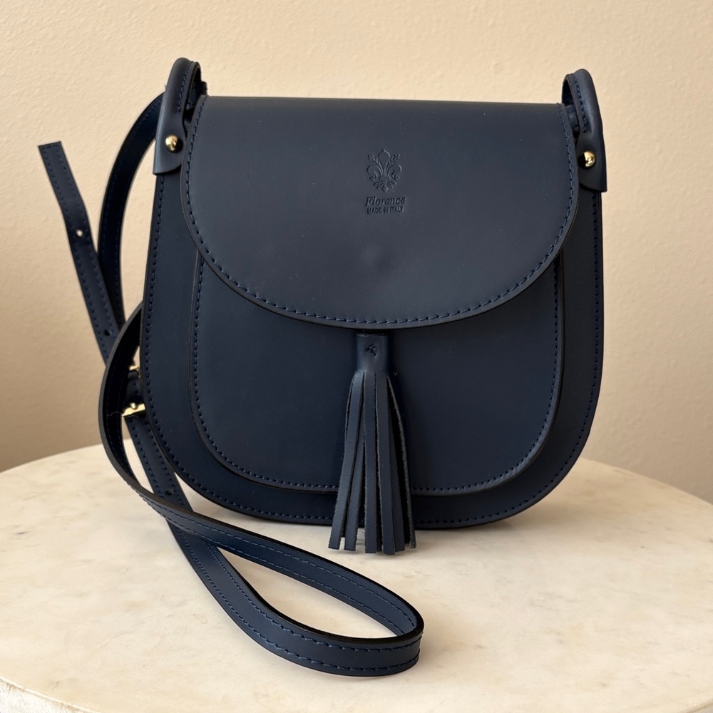 Chic Navy Italian Leather Crossbody Bag with Tassel